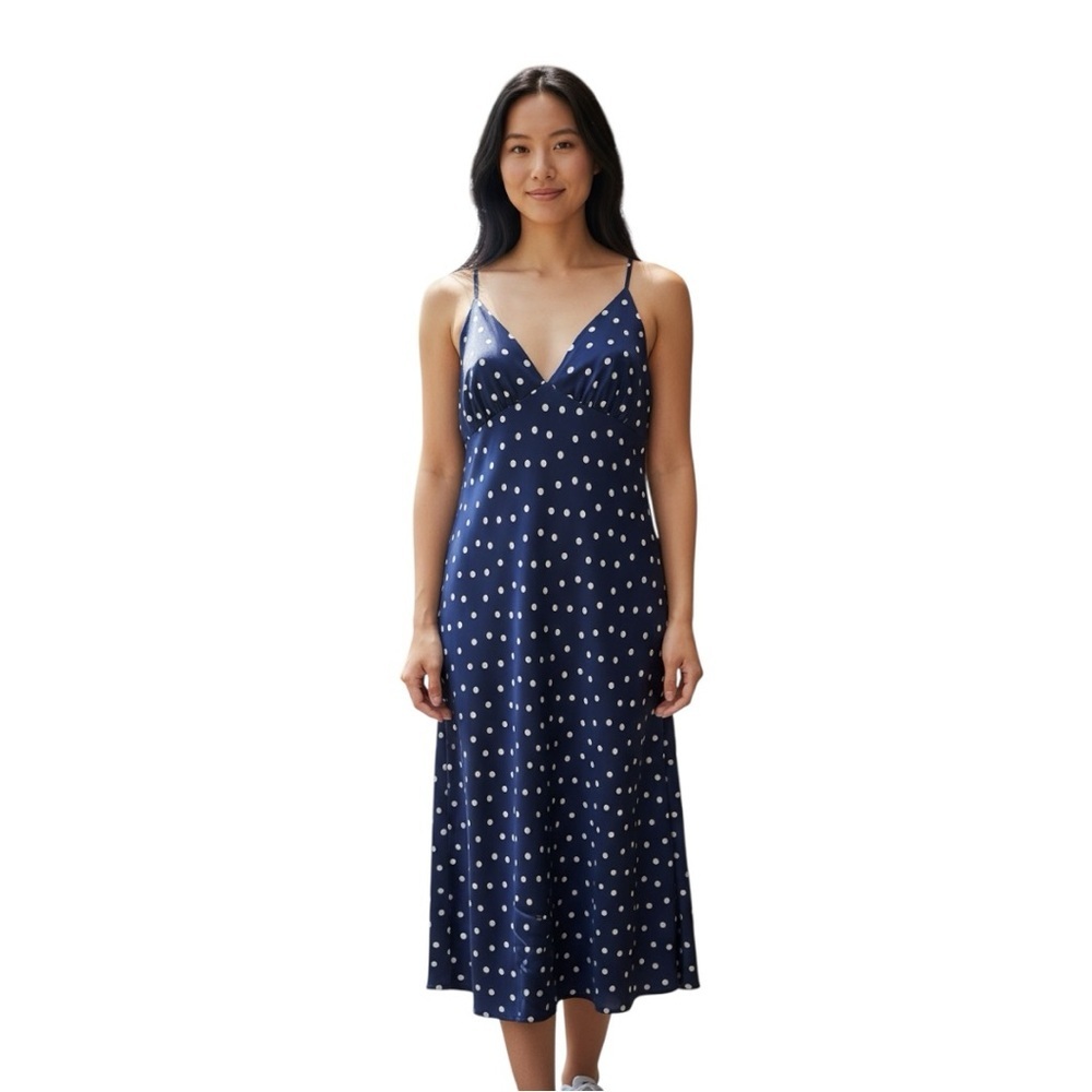 Oak & Trellis Blue White Dot Satin Nautical Preppy Maxi Dress sz L NWT